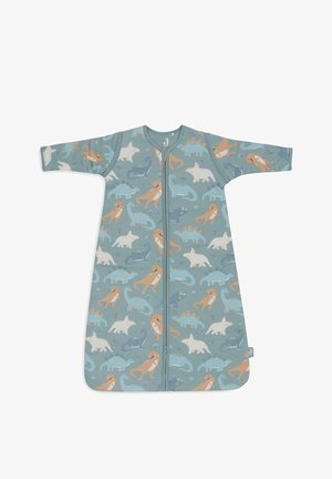 Sac de couchage à motifs d'animaux en tissu bleu doux, présentant divers dinosaures et animaux en orange et blanc, avec des manches courtes et une fermeture éclair à l'avant.