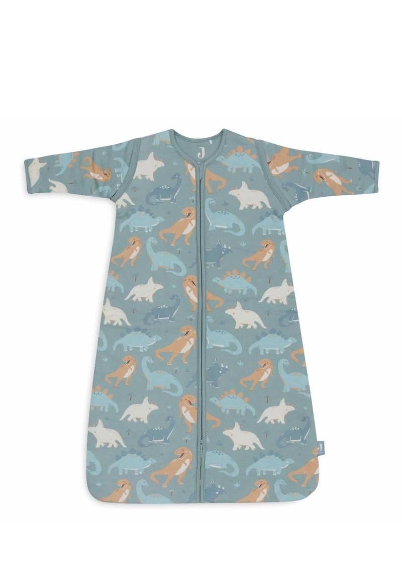Sac de couchage à motifs d'animaux en tissu bleu doux, présentant divers dinosaures et animaux en orange et blanc, avec des manches courtes et une fermeture éclair à l'avant.