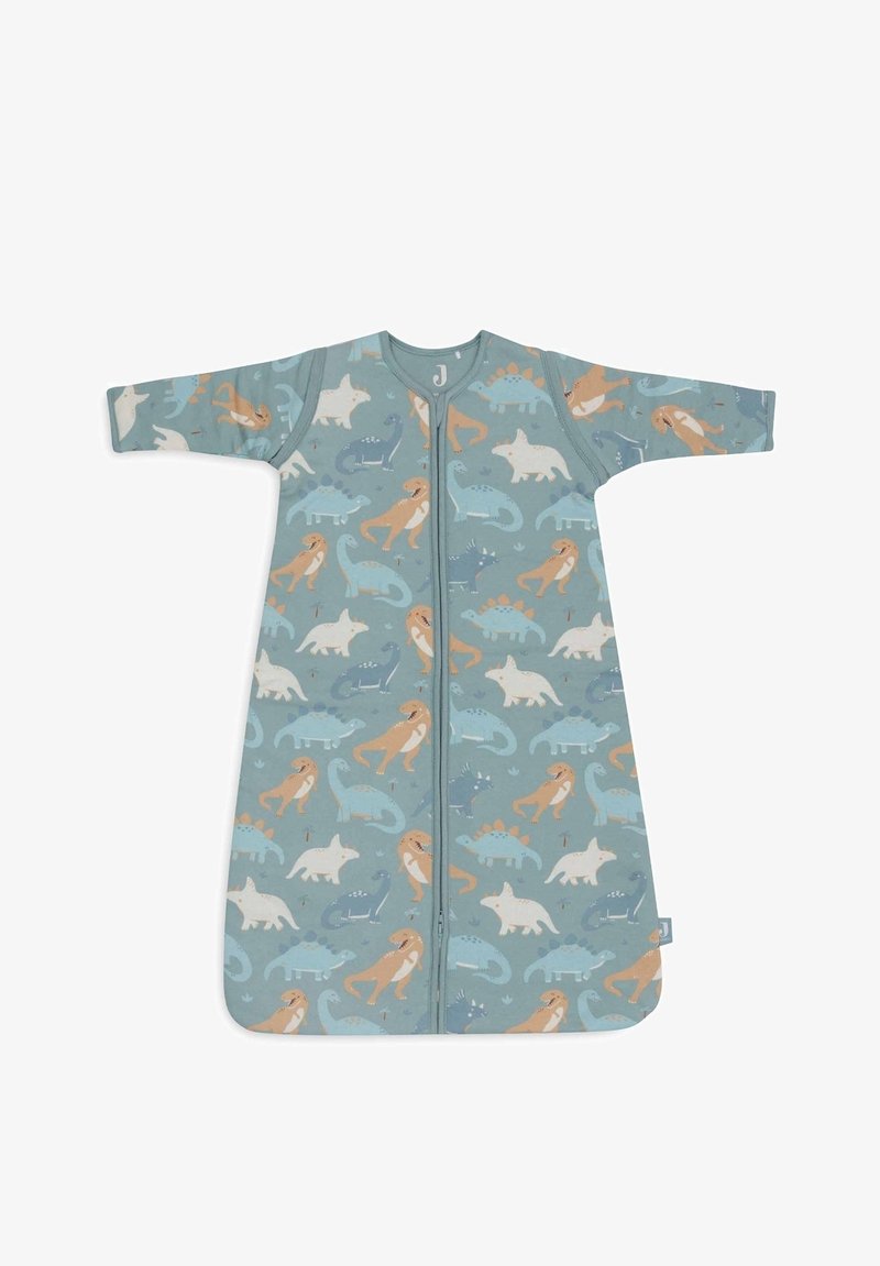 Sac de couchage à motifs d'animaux en tissu bleu doux, présentant divers dinosaures et animaux en orange et blanc, avec des manches courtes et une fermeture éclair à l'avant.