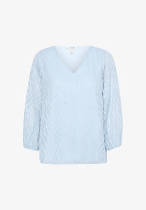 Hele sinine pluus V-kaeluses, millel on tekstuurilised lainelised mustrid, kolmeveerandpikkuses varrukad ja elastsed mansetid.