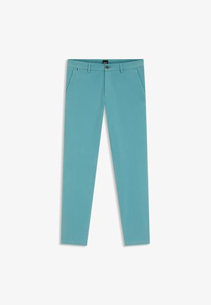 Pantaloni in cotone turchese chiaro a vestibilità slim, dotati di zip frontale, chiusura con bottone e due tasche laterali. Tessuto liscio, senza fantasie.