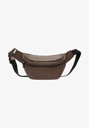 Brown leather fanny pack with a front zipper pocket, smooth texture, adjustable strap, and embossed brand logo on the side.