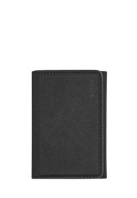 Black leather wallet with a textured finish, rectangular shape, folded design, and stitched edges. Marked with a subtle logo in the corner.