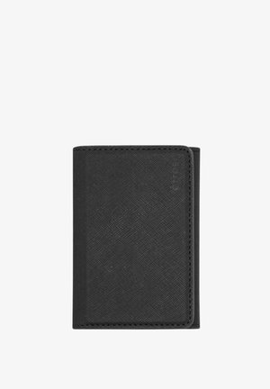 Black leather wallet with a textured finish, rectangular shape, folded design, and stitched edges. Marked with a subtle logo in the corner.