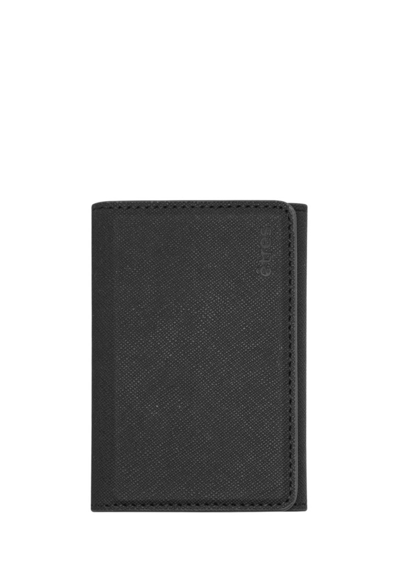 Black leather wallet with a textured finish, rectangular shape, folded design, and stitched edges. Marked with a subtle logo in the corner.