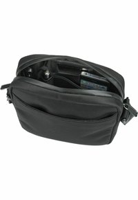 Borsa a spalla in tessuto nero con chiusura a zip, molteplici tasche interne e una superficie liscia. Include una tasca anteriore per un facile accesso.