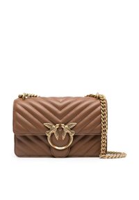 Sac à main en cuir matelassé marron avec une bandoulière en chaîne dorée, doté d'un fermoir en forme d'oiseau et d'un motif en chevrons sur le devant.