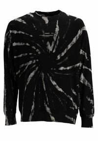 Sudadera negra con teñido de anudado que presenta un patrón en espiral en diferentes tonos de gris, con cuello redondo y puños acanalados. Tejido suave con un ajuste relajado.