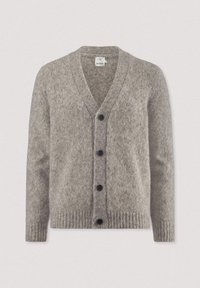 Lichtgrijze cardigan gemaakt van zacht breiwerk. Heeft een V-hals, vijf knopen en geribde manchetten en zoom. Eenvoudig en textuurvol ontwerp.