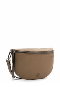 Borsa a tracolla in pelle beige con forma curva, chiusura superiore con zip e semplici frange nere decorative sulla tracolla, con logo impresso.