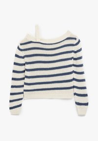 Suéter de punto a rayas en crema y azul marino. Diseño corto con mangas largas y escote tipo off-shoulder. Presenta puños y dobladillo acanalados.