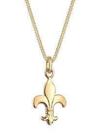 Aukso kaklo papuošalas su fleur-de-lis pakabuku, lygia apdaila, sujungta grandinė, ir uždara kilpa tvirtinimui.