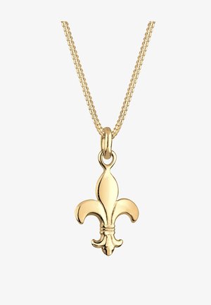 Colier din aur cu un pandantiv în formă de floare de lis, finisaj neted, lanț închegat și buclă închisă pentru atașare.