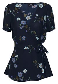 Blouse portefeuille marine à motif floral. Comprend des manches courtes, un décolleté en V et un détail noué à la taille. Confectionnée dans un tissu léger et lisse.