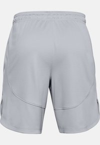 Vaaleanharmaat urheilushortsit, jotka on valmistettu hengittävästä verkkokankaasta. Shortsien pinnassa on tekstuuri, ja niissä on joustava vyötärö ja sivutaskut.