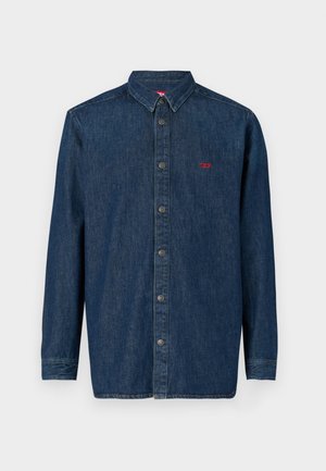 Long-sleeve denim shirt, dark blue, button-down style with a collar, featuring small red logo on the chest and silver buttons.