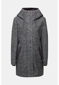 Long manteau gris texturé avec capuche, poches avant et cordons de serrage sur la capuche, conçu pour temps froid.