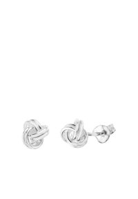 Boucles d'oreilles en argent en forme de nœud avec un design texturé, présentant une forme torsadée et une finition polie. Se fixent avec un fermoir à tige.