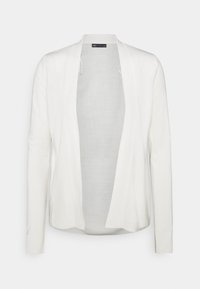 Cárdigan blanco ligero con diseño de frente abierto, mangas largas y dobladillo acanalado. Hecho de tela suave y texturizada. Sin cierres.