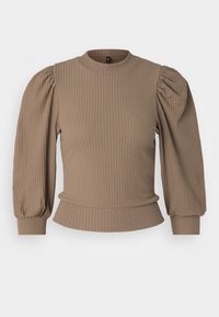 Brun striped genser med lange puffermer, tettsittende midje og rund hals. Myk tekstur med vertikale linjer overalt.