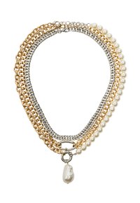 Naszyjnik warstwowy z łańcuchami w kolorze złota i srebra oraz białymi perłami. Zawiera wyraźny akcent w postaci nieregularnie uformowanej kropli perły.
