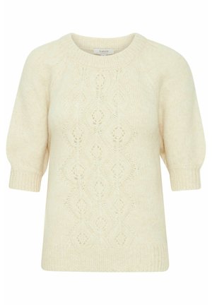 Gaišbeidzis adīts džemperis ar apaļu kakla izgriezumu un īsām, pūkainām piedurknēm. Satur teksturētu rakstu ar dimanta formām visā virsm ā.