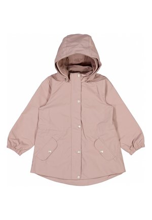 Light pink rain jacket with a hood, snap button closure, elastic cuffs, and two front pockets with flaps. Made from water-resistant material.