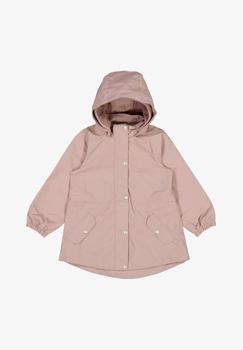 Imperméable rose clair avec capuche, fermeture à boutons-pression, poignets élastiques et deux poches avant avec rabats. Confectionné en matériau résistant à l'eau.