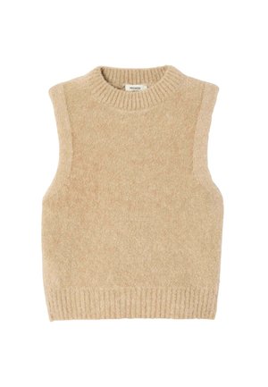 Gilet sans manches en tricot beige avec un col rond côtelé et un ourlet, étiqueté "Promod".