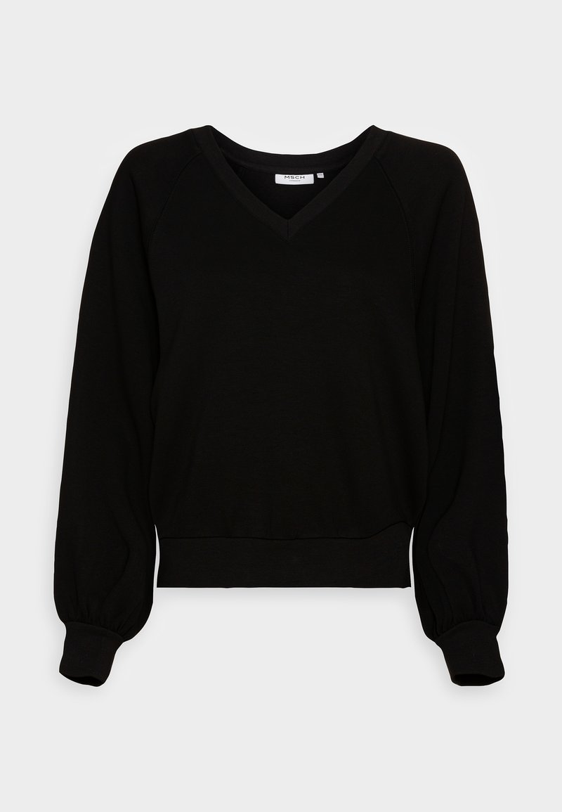 Pull noir à manches longues en V avec poignets et ourlet côtelés, présenté sur un fond clair uni.