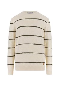 Pull beige avec des rayures horizontales vertes, col rond, poignets et ourlet côtelés, avec un petit logo sur le côté inférieur.