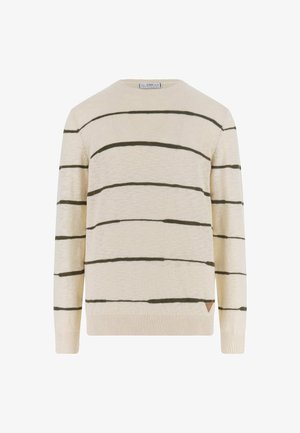 Beige sweater med grønne vandrette striber, rund hals, ribbede manchetter og kant, med et lille logo på den nederste side.