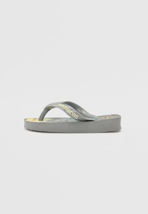 Gray rubber flip-flop with textured sole and thin straps. Features brand logo in yellow on footbed, with a simple, flat design.