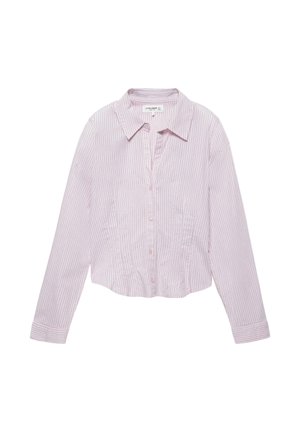 Camicia a maniche lunghe con bottoni, colletto e polsini, a righe verticali rosa chiaro e bianche, orlo leggermente corto.