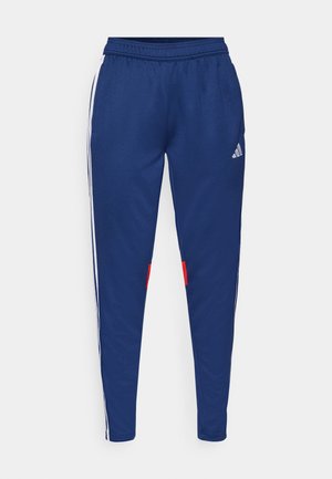 Pantalons de sport navy avec des rayures blanches sur les côtés, taille élastique et accents rouges près de l'ourlet. Fabriqués en tissu lisse et léger.