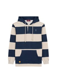 Sudadera a rayas en navy y crema con bolsillo frontal tipo canguro, capucha ajustable con cordón y pequeño detalle de logo en el pecho. Material suave.