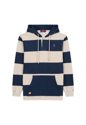 Marineblauwe en crèmekleurige gestreepte hoodie met een voorzak, verstelbare trekkoordcapuchon en een klein logo op de borst. Zacht materiaal.