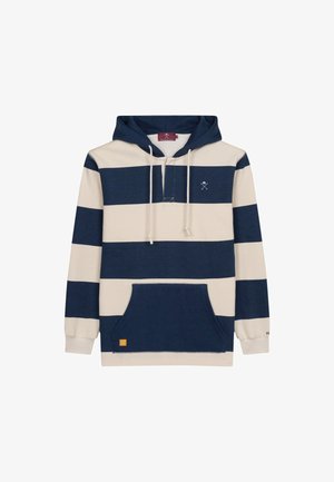 Hoodie rayé bleu marine et crème avec une poche avant, capuche réglable avec cordon de serrage et petit logo sur la poitrine. Matière douce.