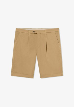 Beige knielange, maßgeschneiderte Shorts mit Gürtelschlaufen, Seitentaschen, vorderen Falten und einem Knopfverschluss.