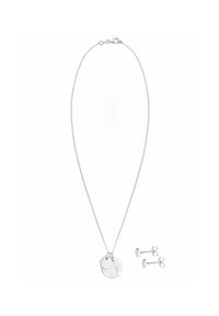 Zilveren sieradenset bestaande uit een delicaate kettinghalsketting met twee ronde hangers en bijpassende studs, allemaal met een gepolijste afwerking.