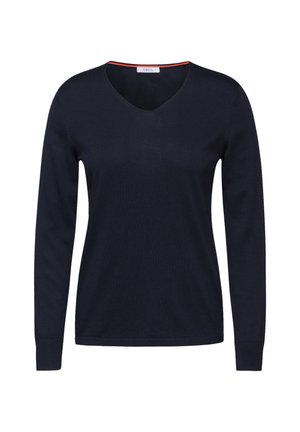 Pull en laine bleu marine à manches longues avec un col en V et un accent orange au niveau de l'encolure. Texture lisse et coupe ajustée, idéal pour le layering.