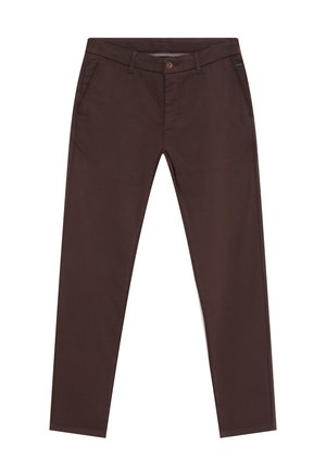 Bruine katoenen broek met een rechte pijp, voorzien van een knoopsluiting aan de voorkant, zijzakken en een subtiel detail in de tailleband.