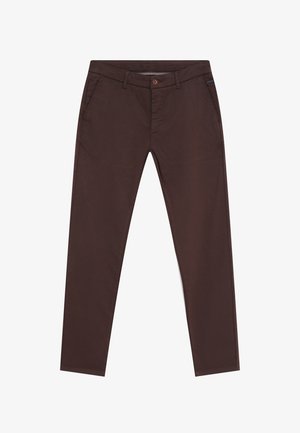 Bruine katoenen broek met een rechte pijp, voorzien van een knoopsluiting aan de voorkant, zijzakken en een subtiel detail in de tailleband.