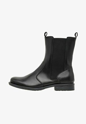 Bottines en cuir noir avec panneaux latéraux élastiques, bout rond, petit talon empilé et boucle de tirage à l'arrière pour un enfilage facile.