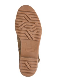 Braune Gummisohle mit Zickzack-Profil; mit geprägtem Logo und Größenmarkierung. Einfaches, flaches und flexibles Design für Komfort.