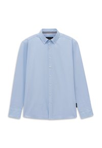 Helleblaue Langarm-Button-Down-Hemd mit einem Button-Down-Kragen, acht Vorderknöpfen und einem kleinen schwarzen Markenetikett an der Seitennaht.