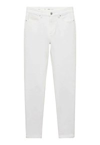 Jean slim blanc avec cinq poches, fermeture par bouton et zip, passants de ceinture et détails cousus sur un fond blanc uni.