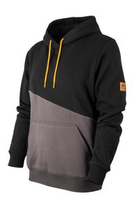 Schwarzer und grauer Kapuzenpullover mit einer Fronttasche, gelben Kordeln und elastischen Bündchen. Verfügt über ein diagonales Farbblockdesign.