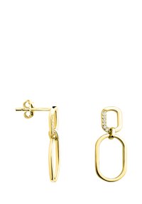 Orecchini in oro con forme ovali e rettangolari intrecciate, adornati con piccoli strass, finitura lucida e chiusura a perno.