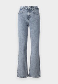 Flared light blue jeans made of denim, featuring a high waist, front pockets, and a classic five-pocket design with subtle fading.